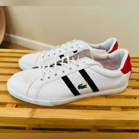 Lacoste White Sneakers with Black Stripes and Red Accent - Picture 1 of 6